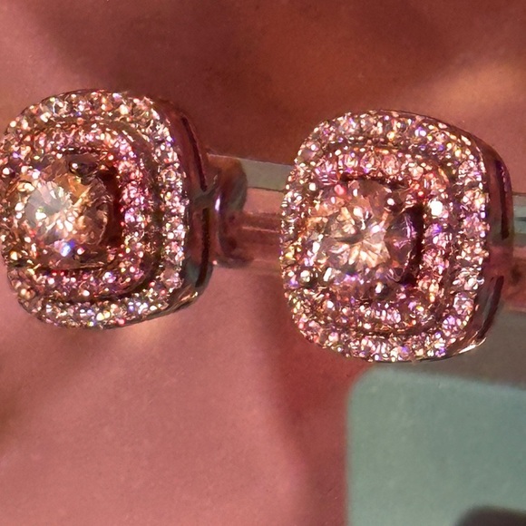 Moissanite One Carat Pink and White Square Studs in Sterling Silver S925 GRACert - Picture 7 of 11